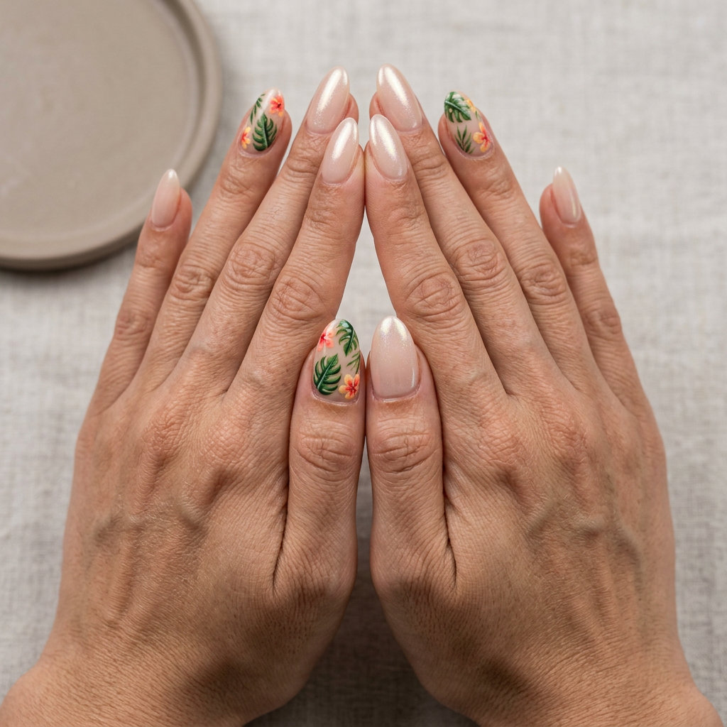 Cute Summer Nails 2026: Tropical Almond Glaze Cute summer nails 2026: Bohemian tropical motif almond nails with pearl chrome shimmer.