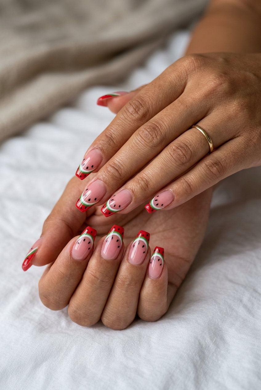 Cute Summer Nails 2026: Tropical Watermelon French Cute summer nails 2026: Watermelon slice French tip on medium square nails with a sheer pink base for a playful, tropical look.