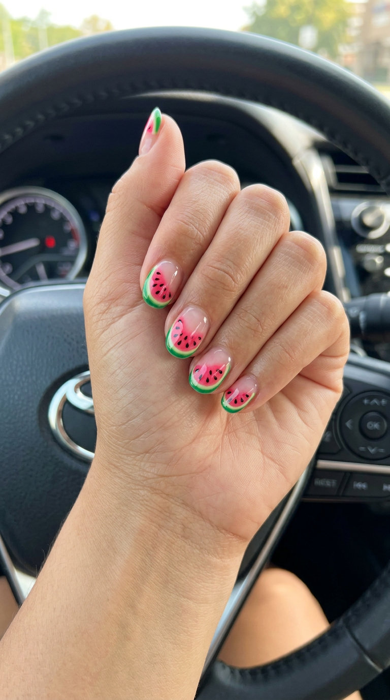 Cute Summer Nails 2026: Playful Watermelon French Tip Cute summer nails 2026: Watermelon slice French tip design on short soft square nails with a sheer pink base for a fun look.
