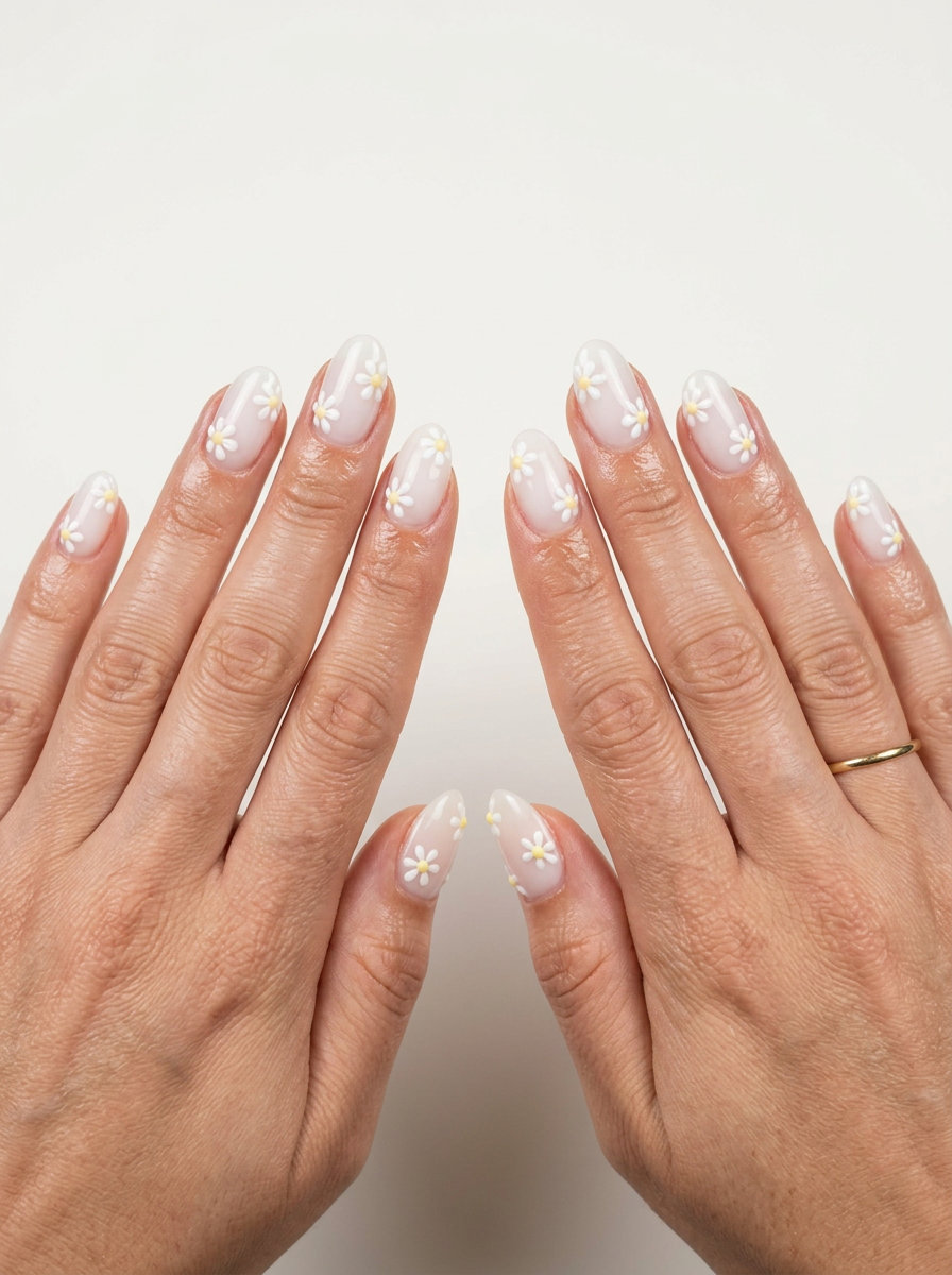 Cute Summer Nails 2026: Whimsical 3D Daisy Milk Bath Wedding Nails Cute summer nails 2026: Whimsical 3D Daisy Milk Bath nails for bridal showers and weddings.