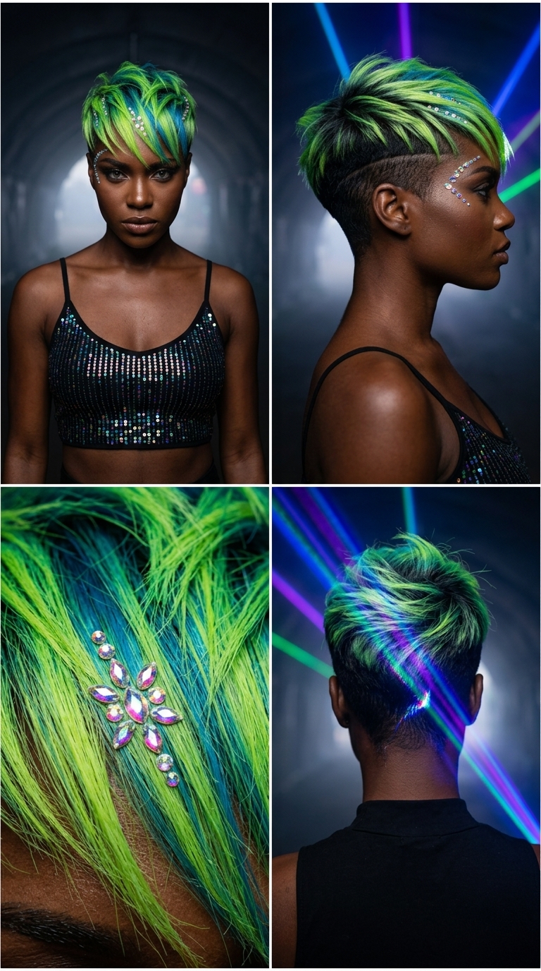short textured pixie with cyber lime green color, defined piecey styling, no fringe — edgy festival look