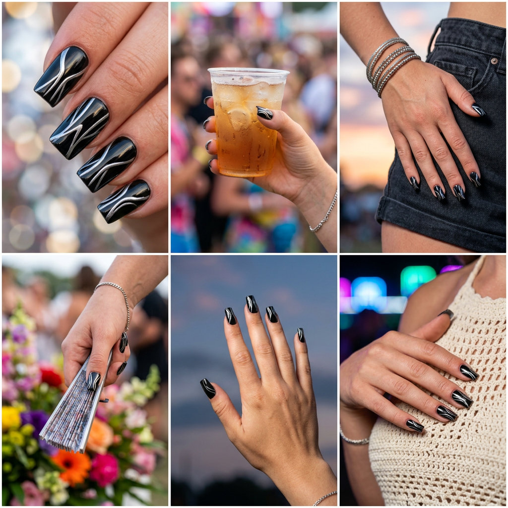 Cyberpunk Silver Nails 2026: Edgy Party Style Cyberpunk silver lines on black nails for trending summer nails 2026 party looks. Edgy, futuristic gel polish.