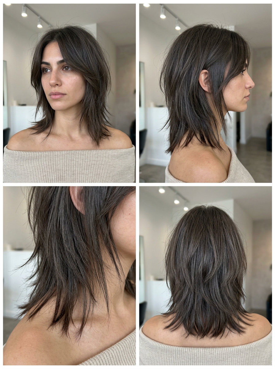 medium midi-wolf haircut with dark ash brown color, choppy layers, razored ends — edgy rebellious style