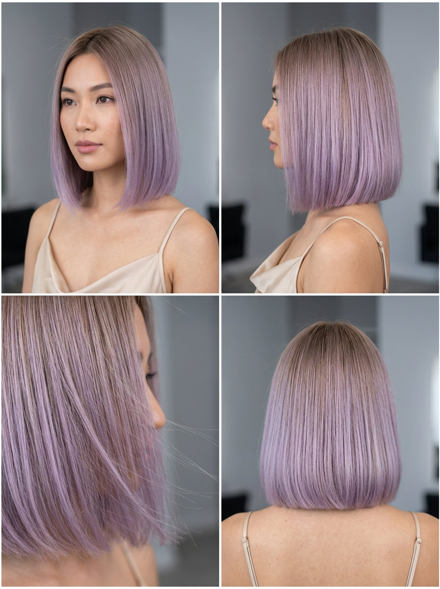 chin-length dark blonde to lavender ombre bob with blunt cut for romance