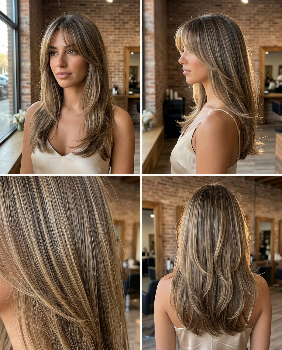 Romantic Parisian Summer Layers 2026 long haircut with subtle layers in dark blonde with brown lowlights and Birkin bangs for summer