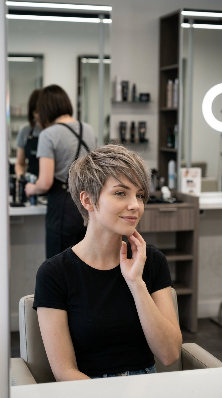 short pixie haircut in dark blonde with ash tones, razored layers, asymmetrical fringe — edgy summer look