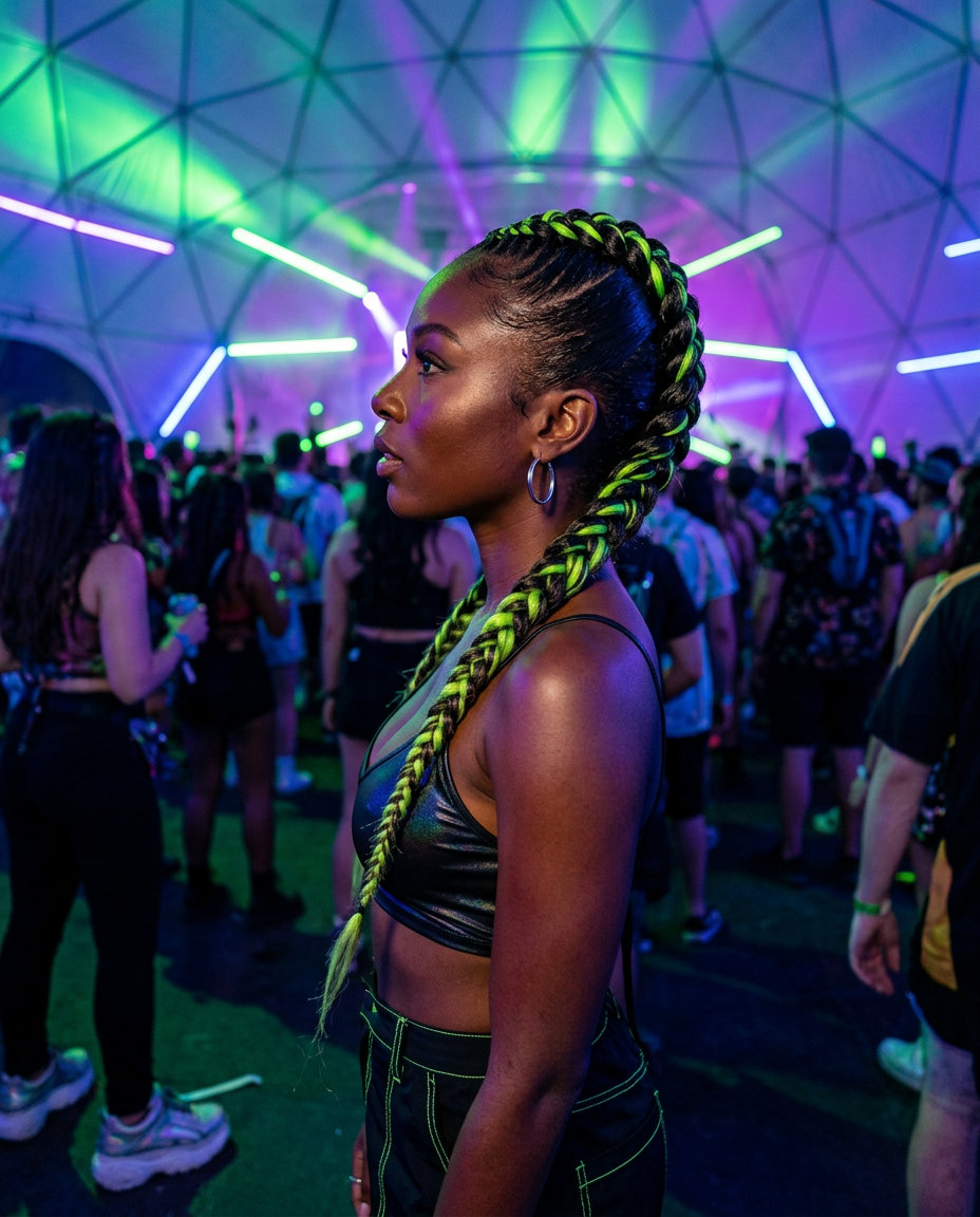long dark brown braided mohawk with cyber lime streaks for festival 2026