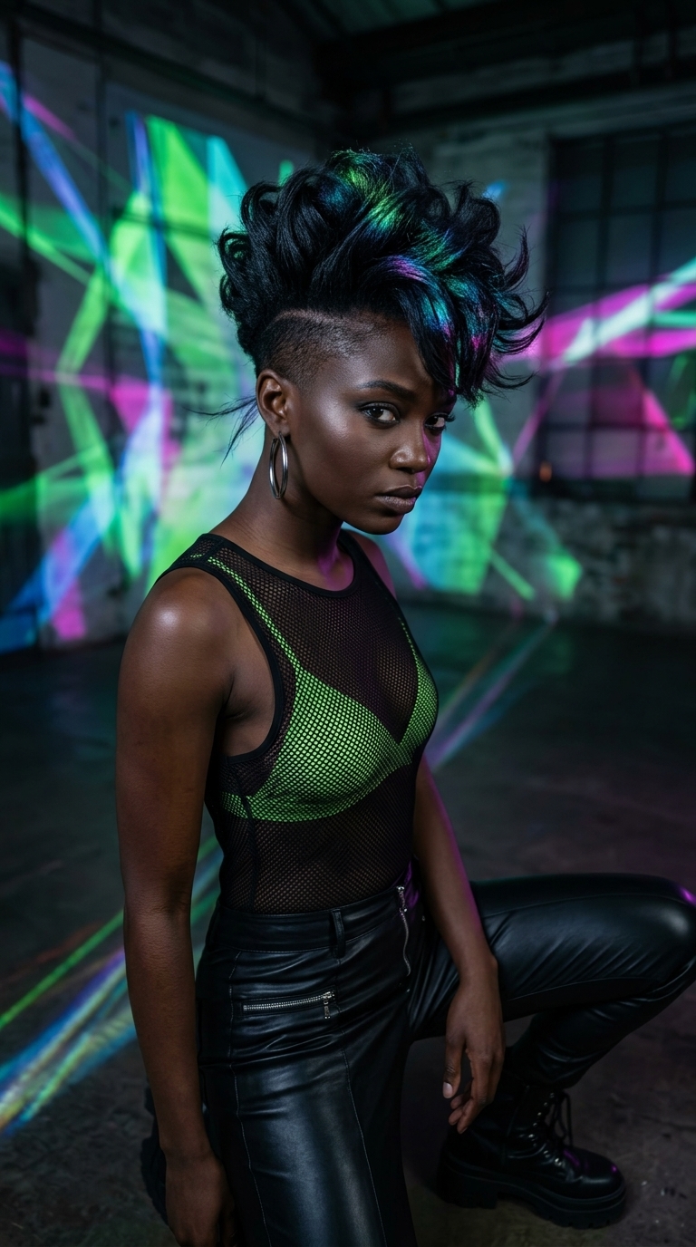 long textured spiky hairstyle with dark brown color, undercut sides, no fringe — edgy festival