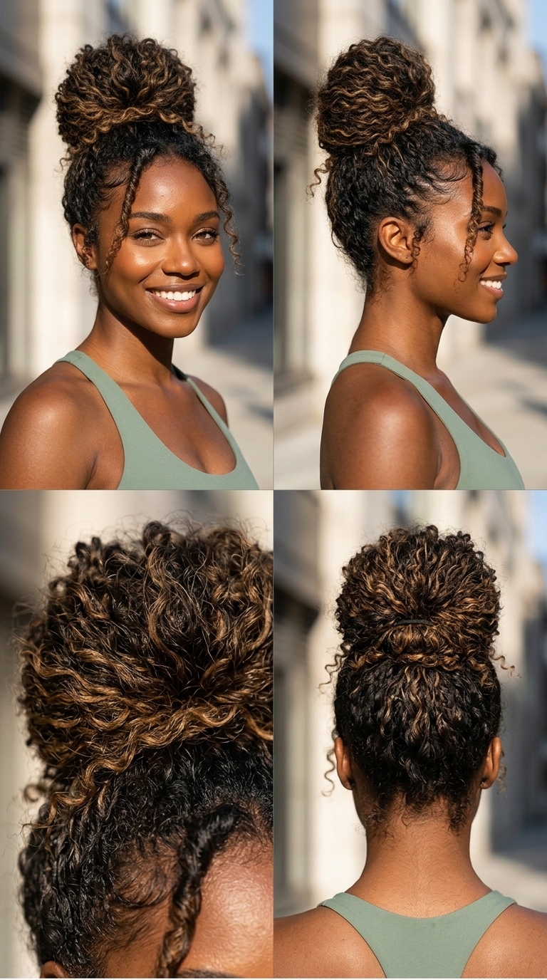 medium dark brown curly top knot with auburn highlights for daily wear