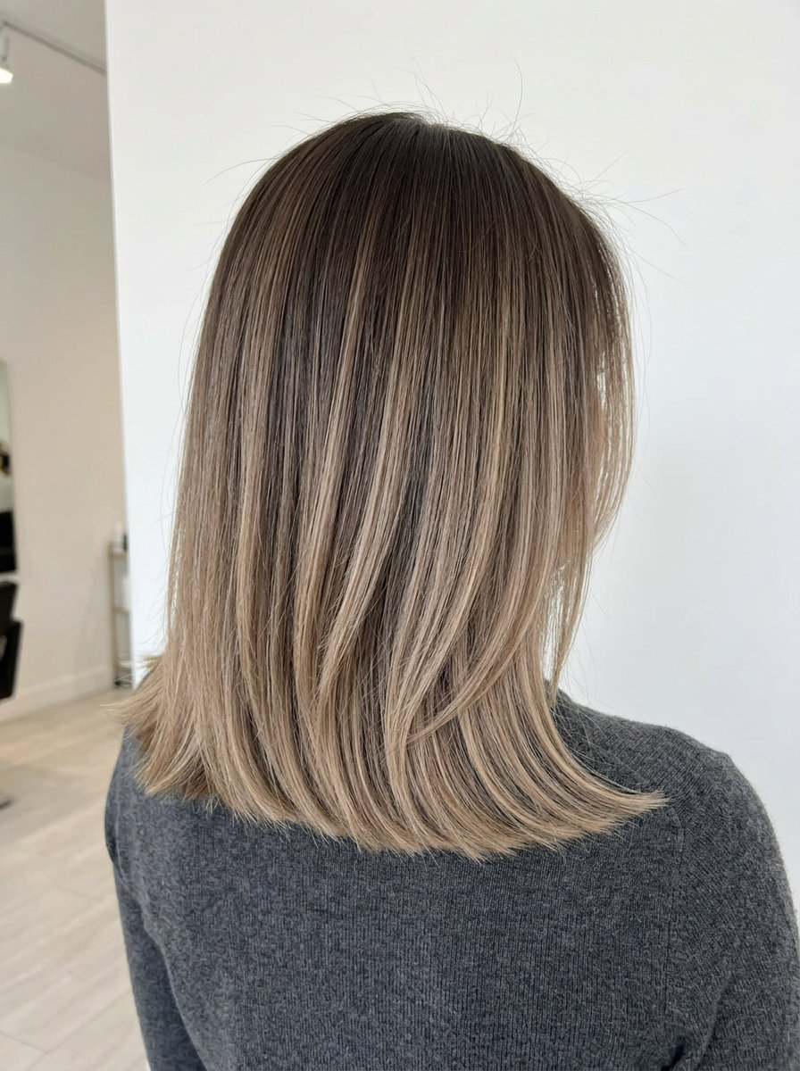 medium-length lob ombre with dark brown to ash beige melt, blunt cut, C-cut front — sophisticated polished modern