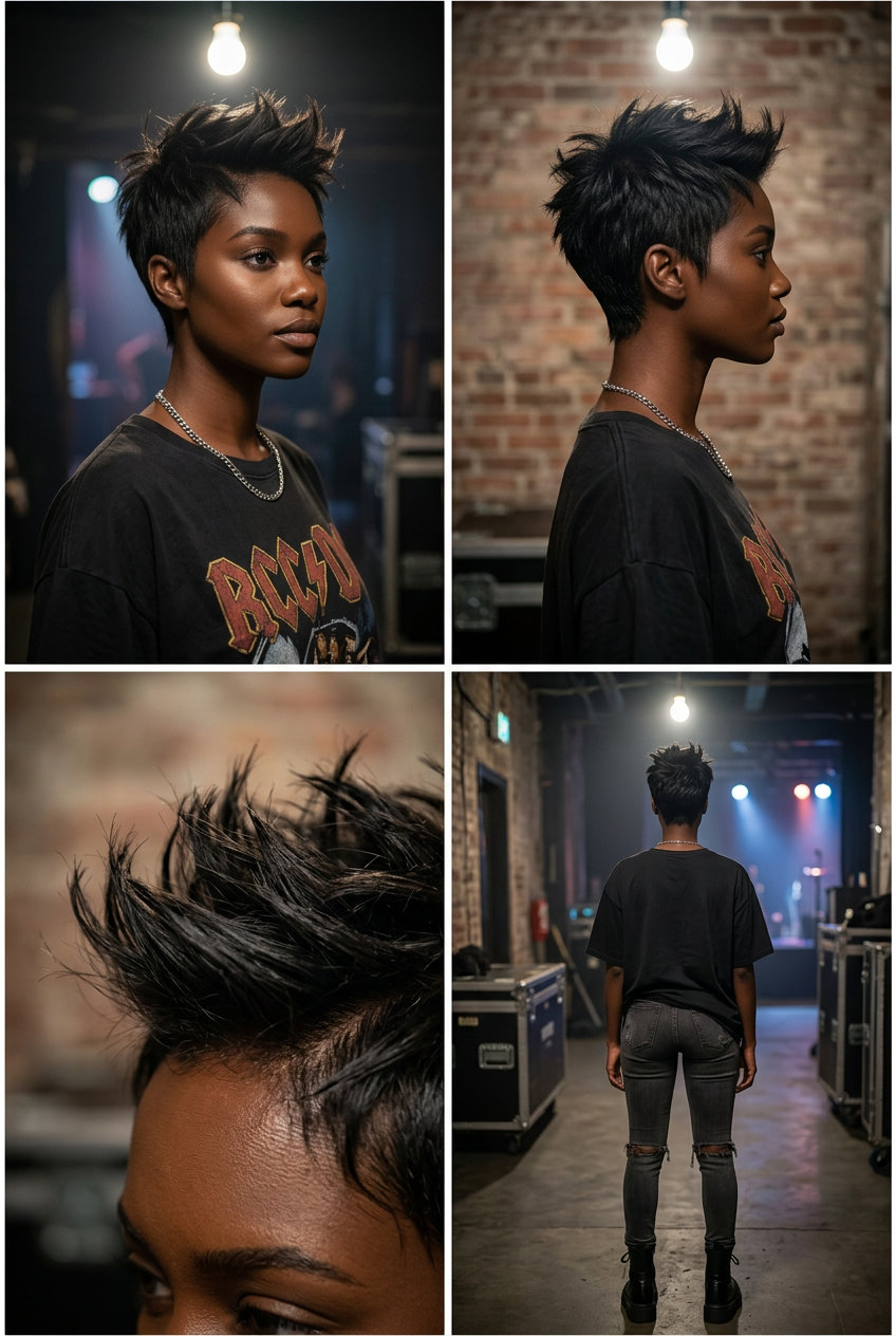 short spiky crop with dark brown color, piecey texture, matte finish — edgy festival