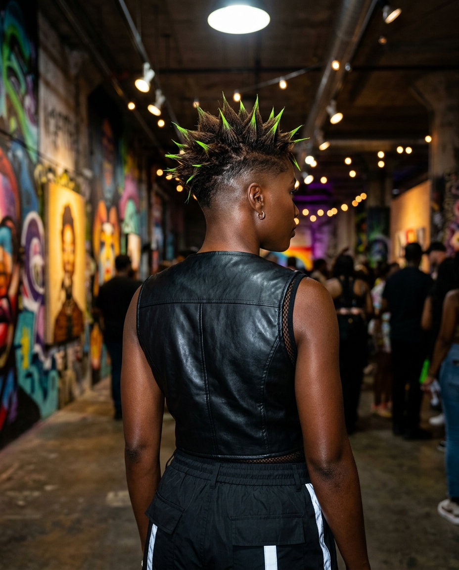 short dark brown textured crop with cyber lime spikes for festival 2026