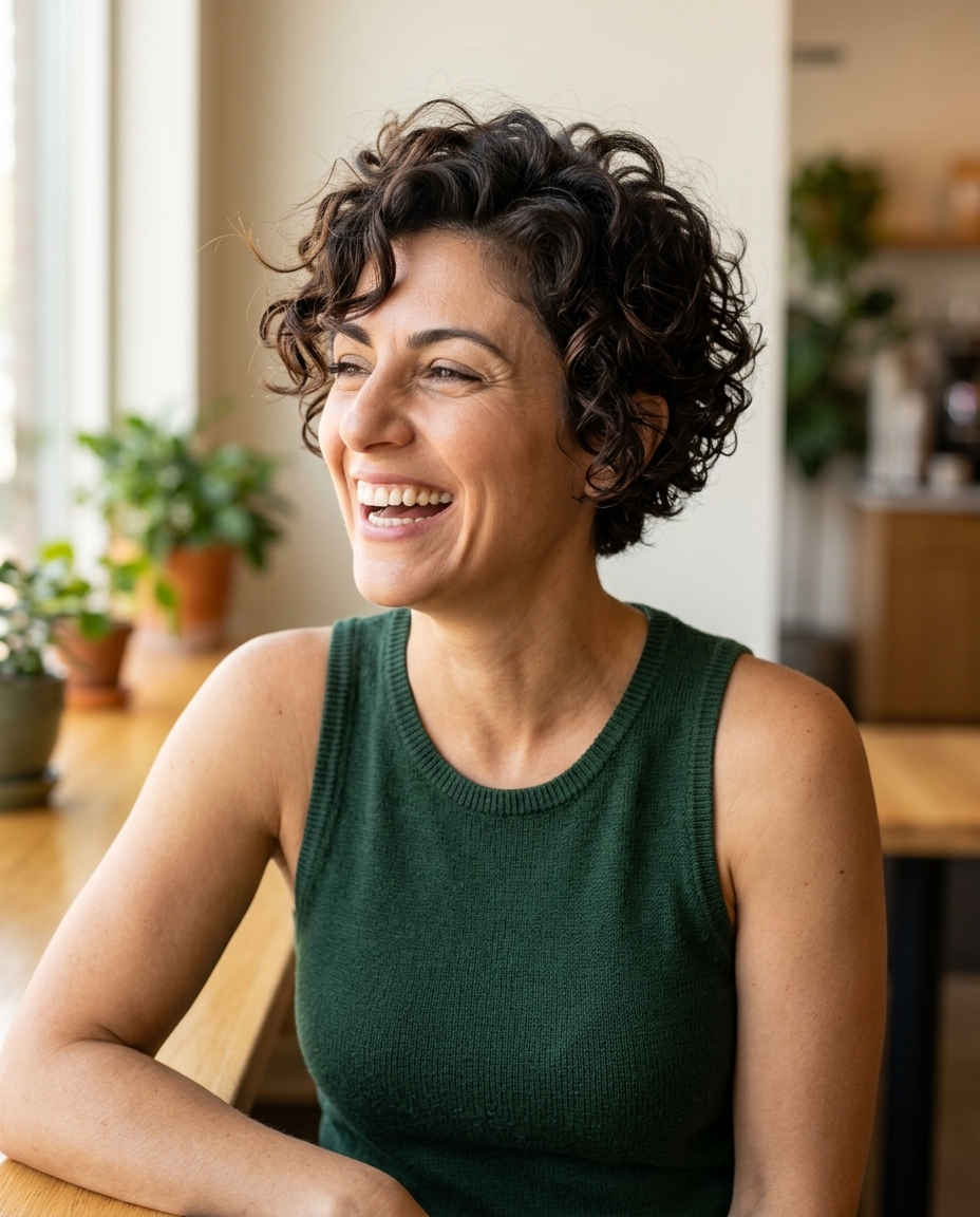 short curly pixie haircut in natural dark brunette with warm undertones, point-cut layers and face-framing curls for playful