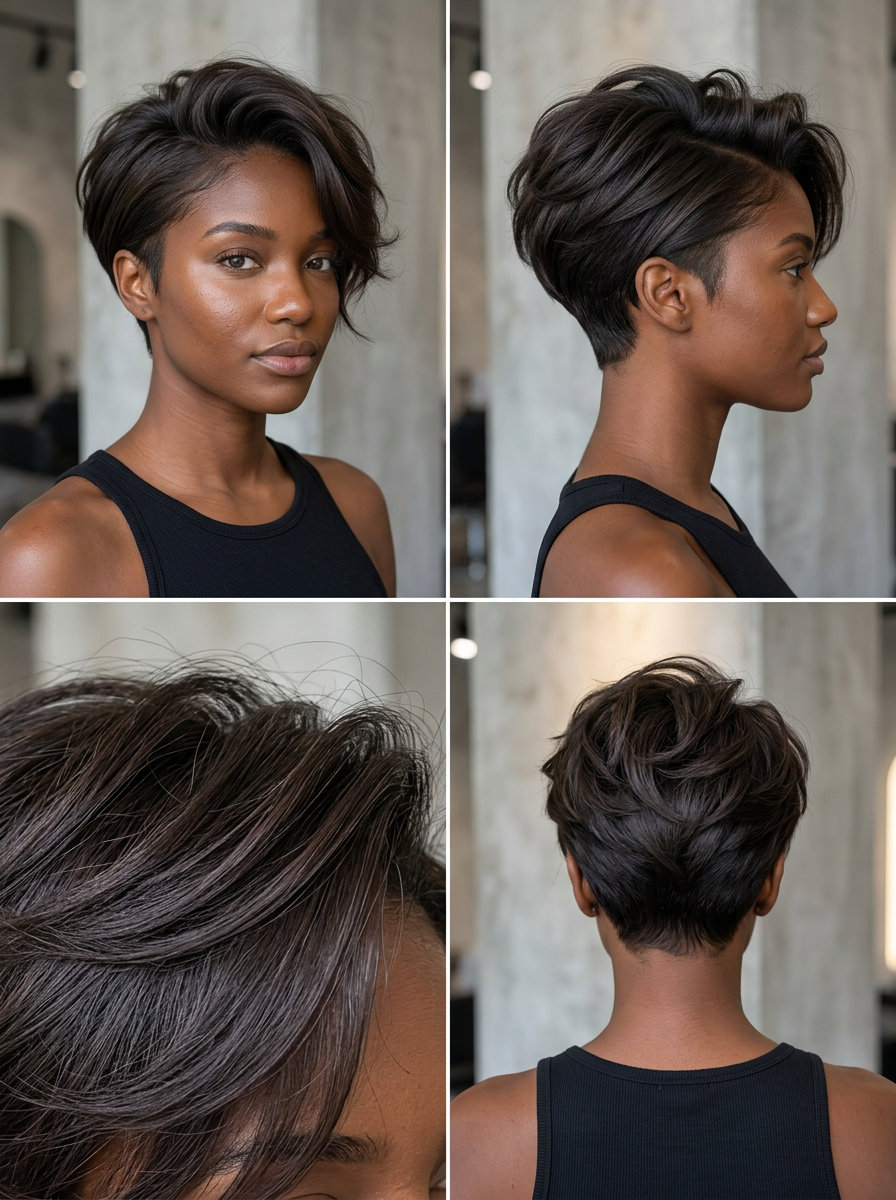 short pixie haircut with rich dark brunette, undercut sides and nape, textured crown — bold edgy style