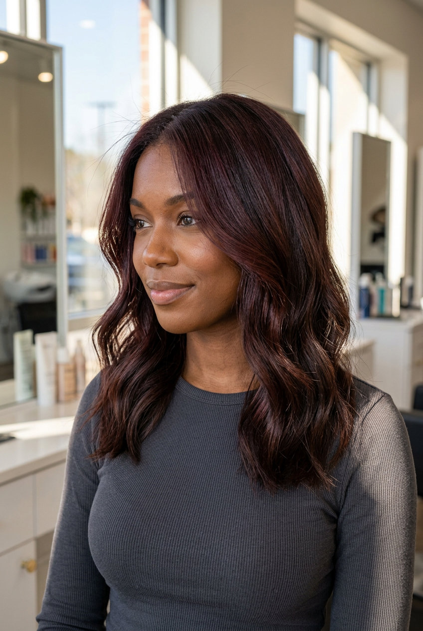 long layered hair color with dark cherry root melt into deep espresso brunette for romantic evenings