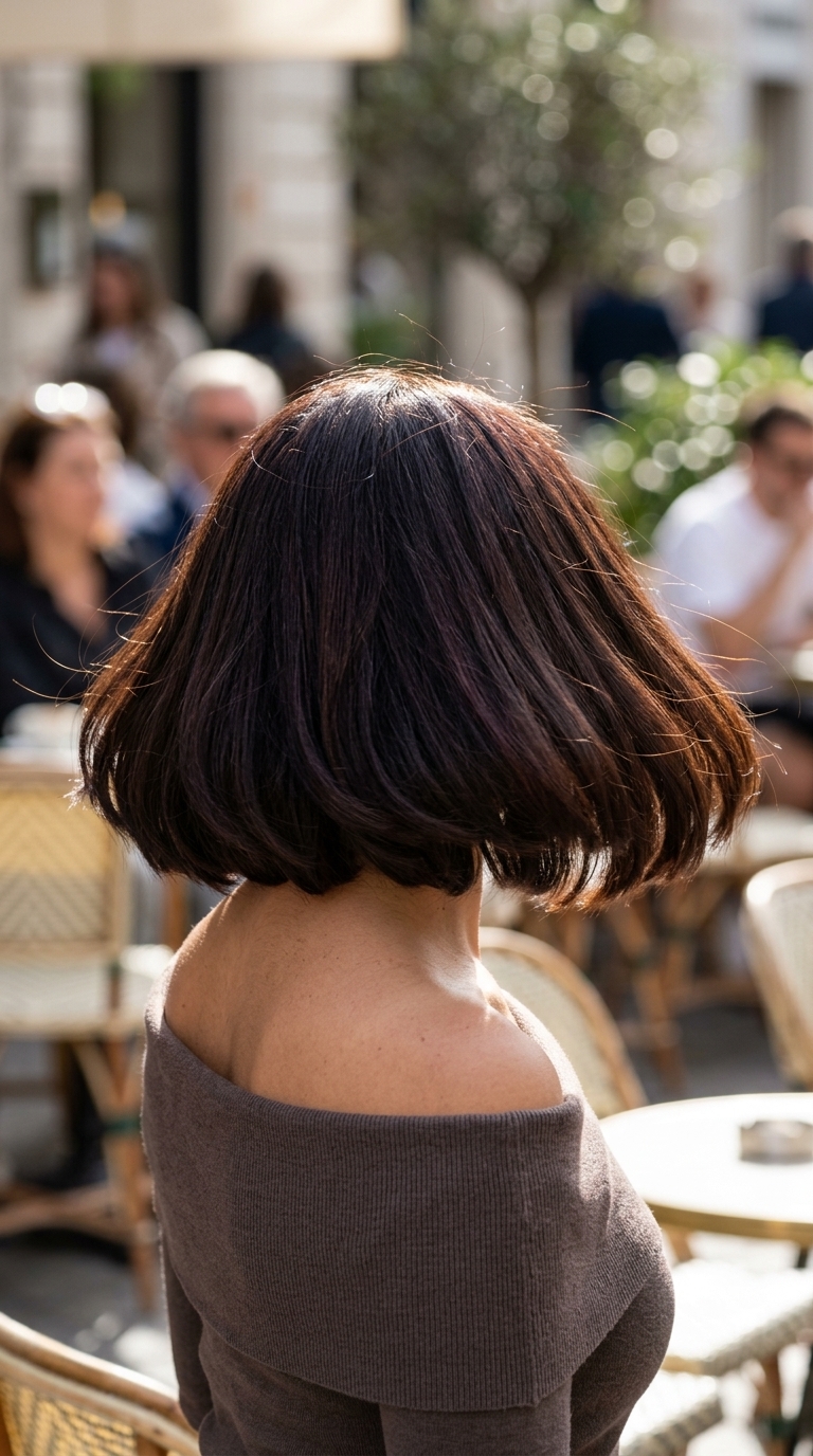 neck-length bob in dark chocolate brunette with chunky ends for summer
