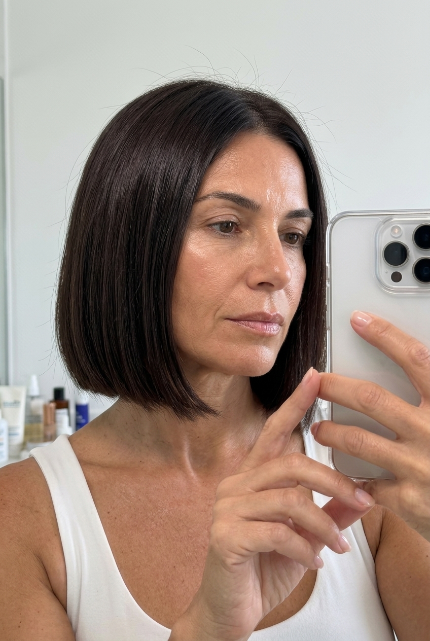 chin-length blunt Italian bob with deep dark chocolate hair and cool espresso undertones, sleek finish — elegant evening look