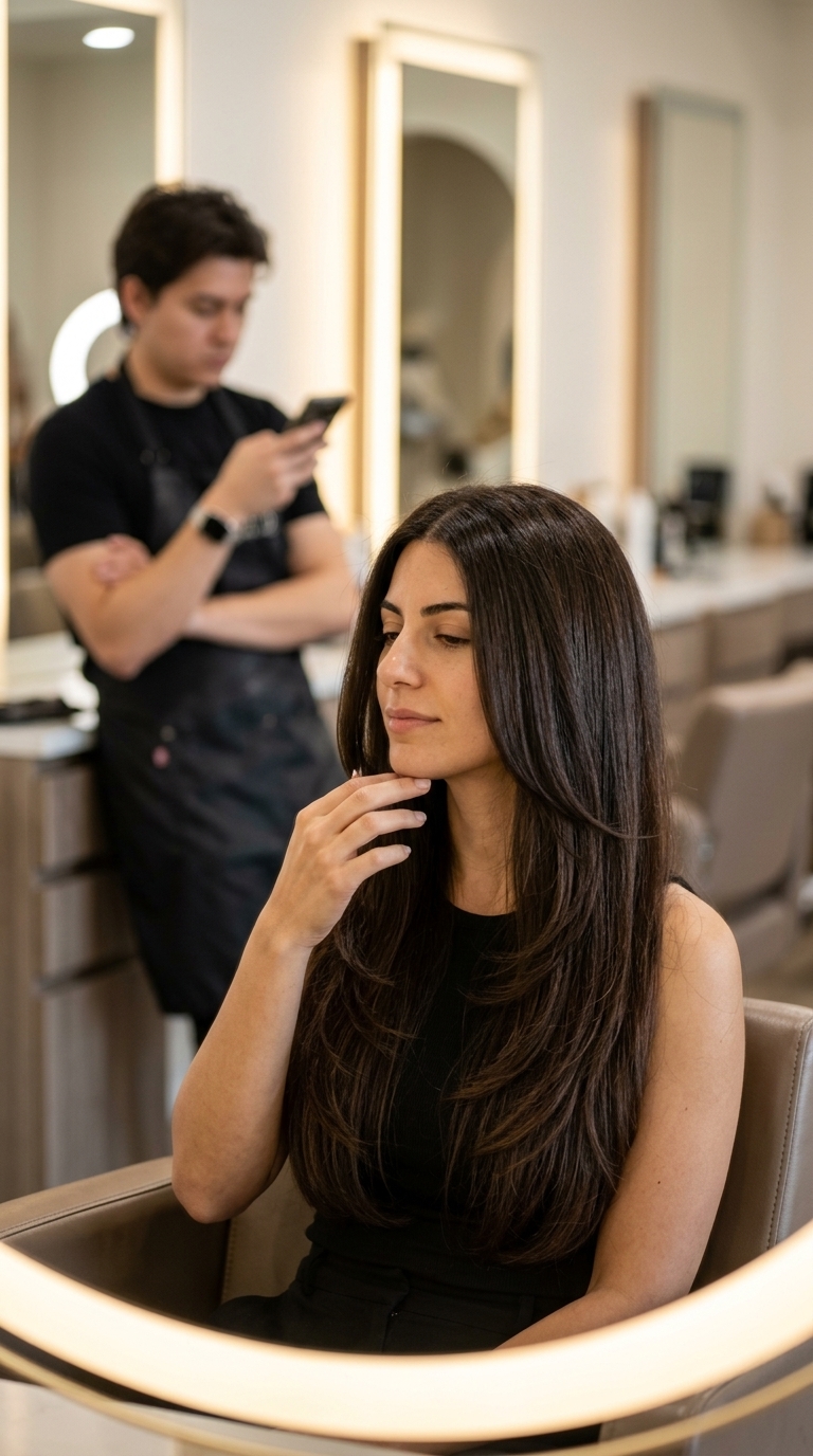 long layered haircut with deep dark chocolate brown, cascading layers, U-shape back for formal event