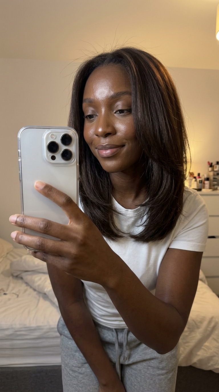 medium-length cut with deep dark chocolate brown, long soft layers, no bangs — elegant, understated