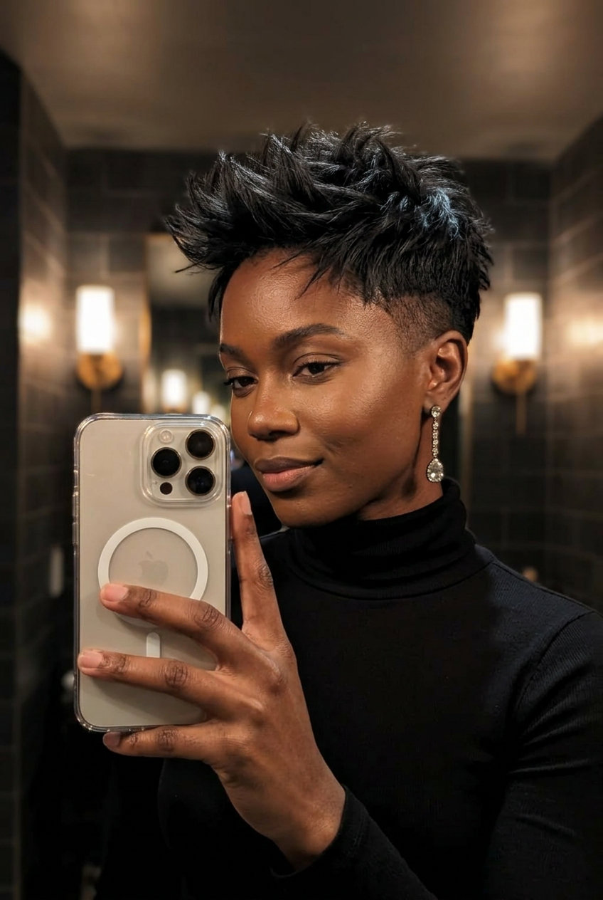short undercut haircut in deep ash brunette, spiky texture, clipper-cut sides — edgy dramatic night out