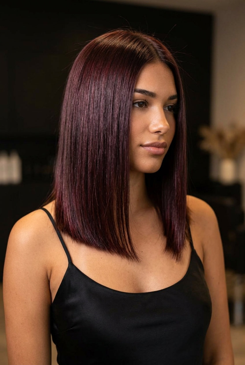 long blunt cut with deep brunette and violet-red undertones for date night