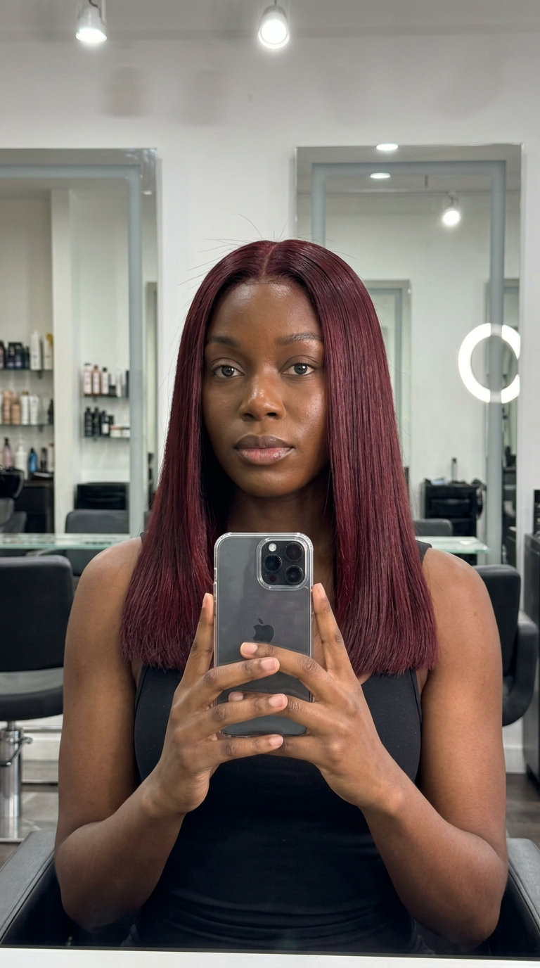 long blunt haircut in deep cherry cola red with high-gloss finish for glamorous events
