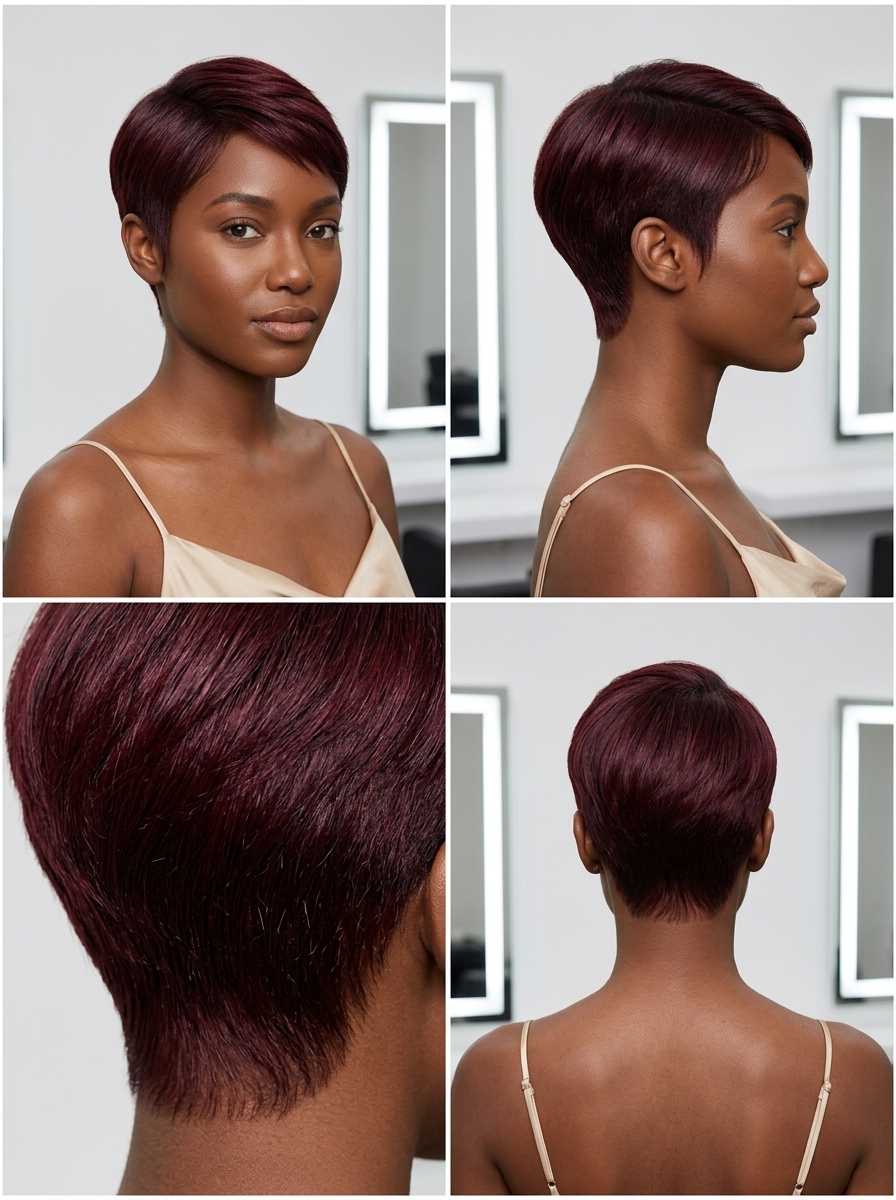 very short pixie haircut in deep cherry red with violet undertones and sculpted taper for dramatic looks