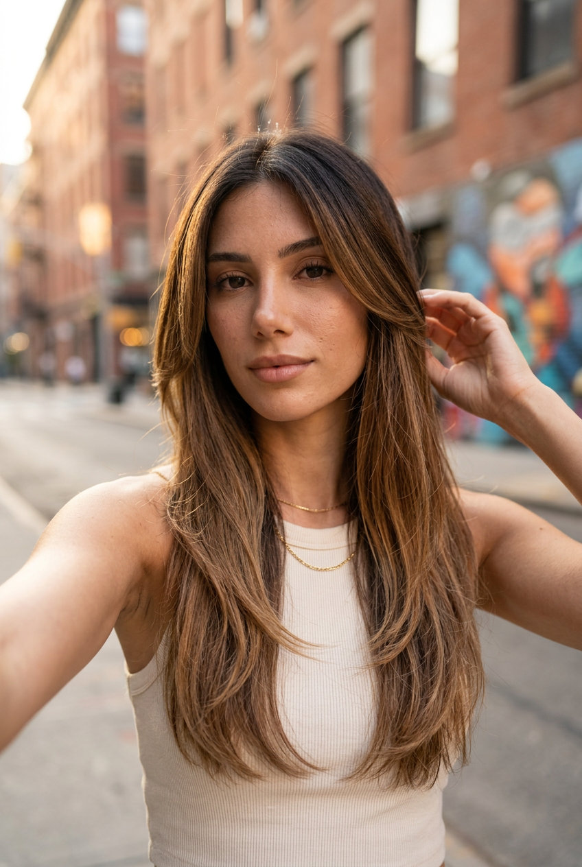 long flowing ombre hair with deep chocolate to caramel melt, face-framing layers, U-cut back — romantic sophisticated warm