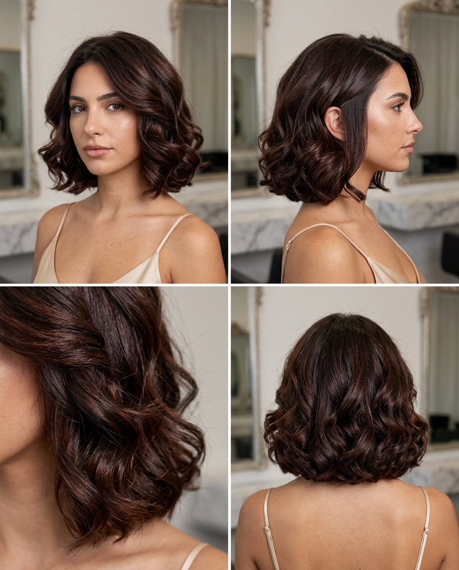 short deep mahogany bob with sculpted curls and chocolate lowlights for formal event