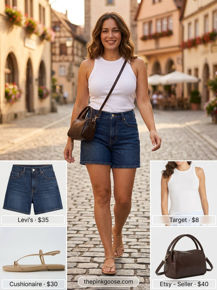Styling mistake: Wearing denim shorts with a casual tank and flat sandals for brunch. Alternative: Dark wash shorts with a floral skirt.