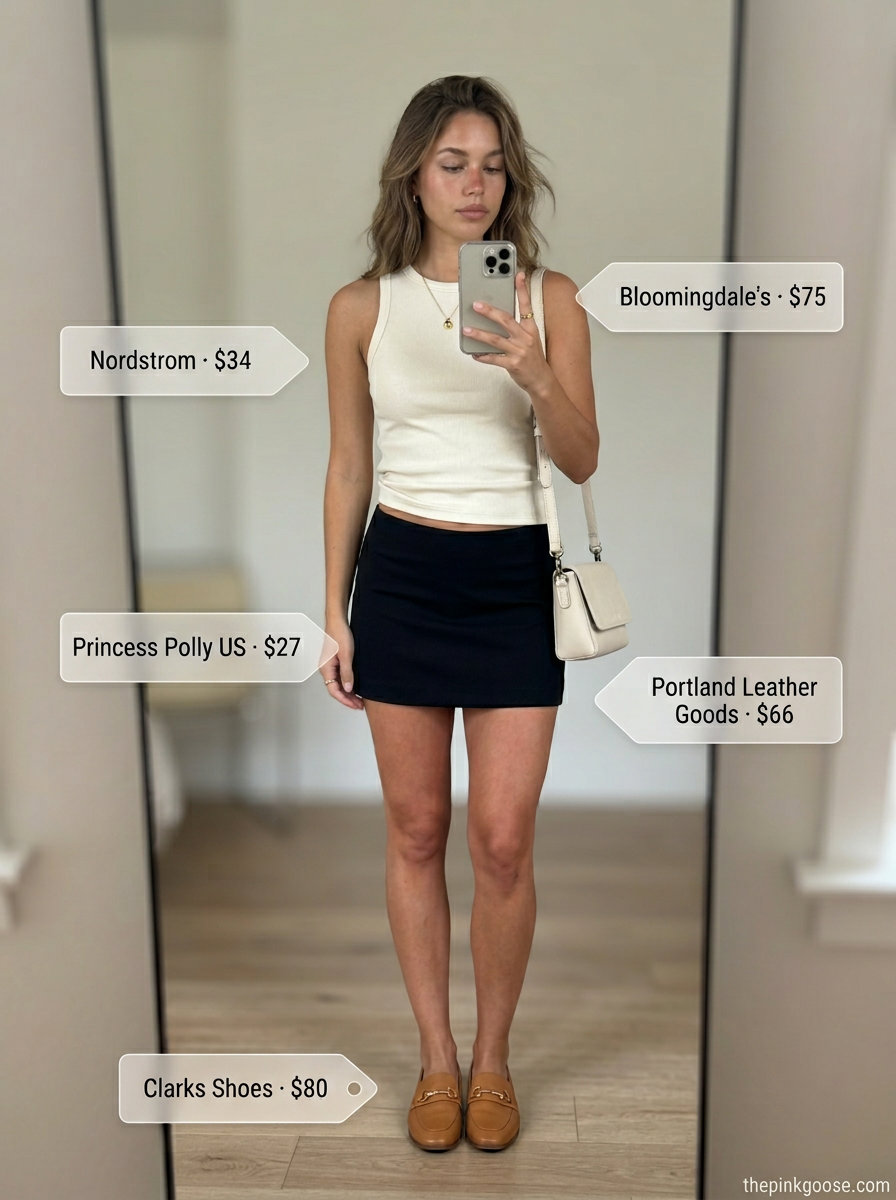 Styling mistake: Wearing a mini skirt with loafers and a tank top for a casual day out.