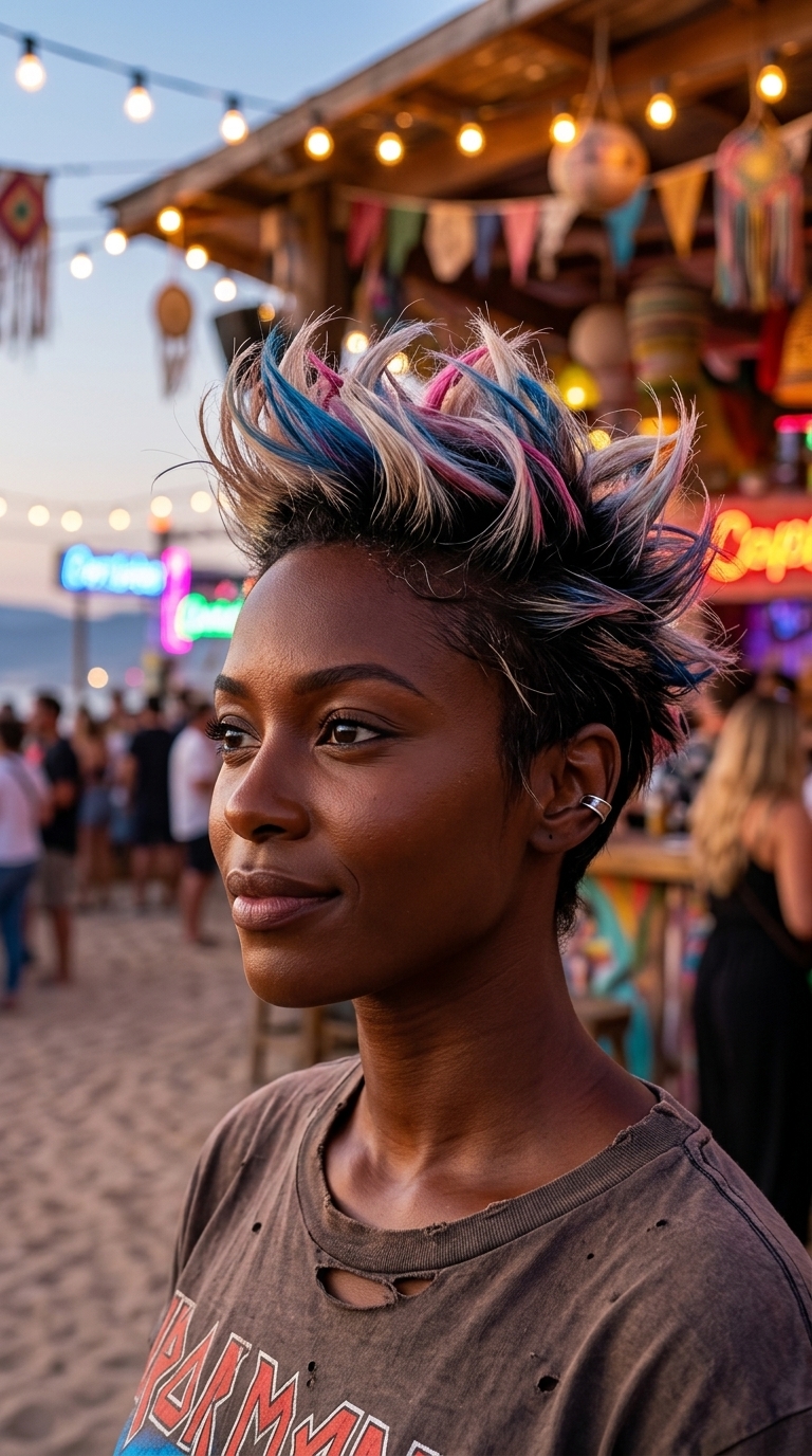 short electric blue pixie with sharp spikes and sculpted edges for music festival