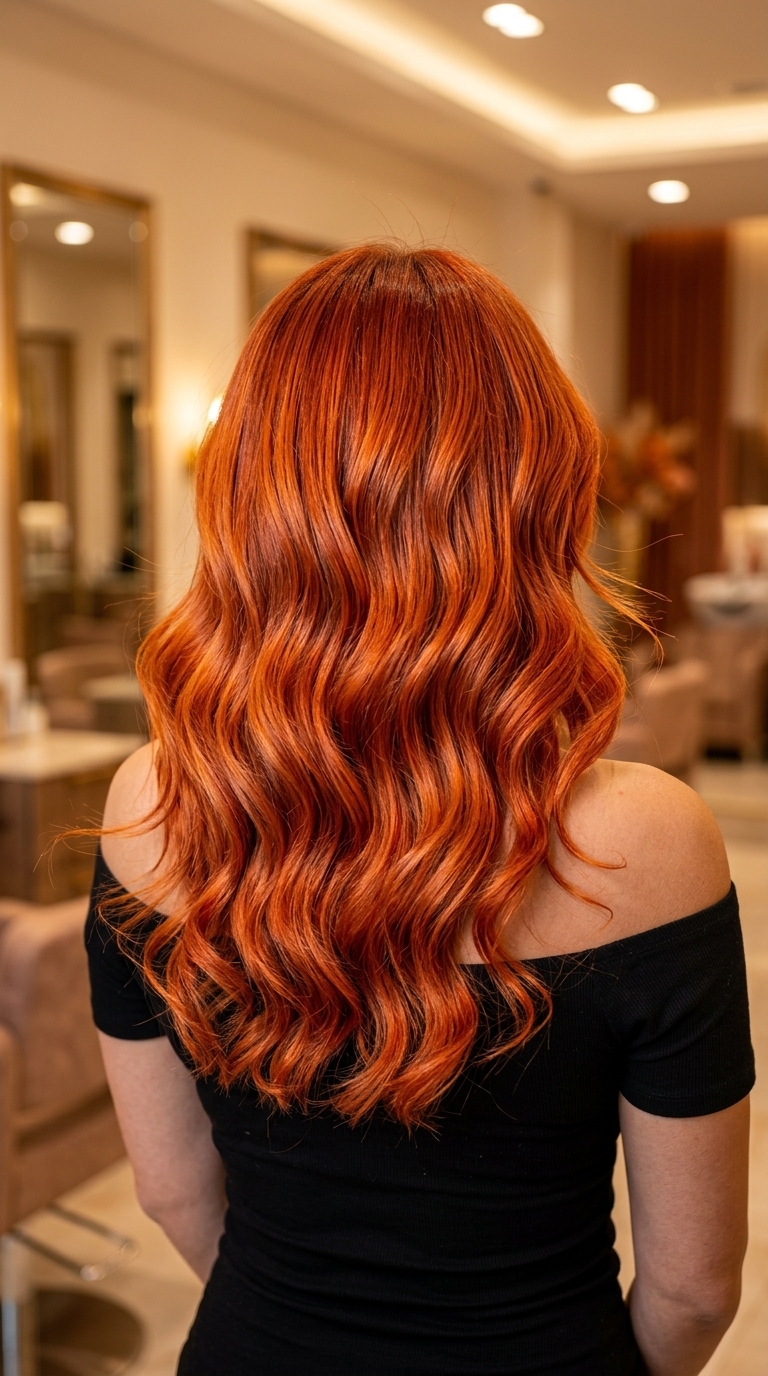 long layered electric copper auburn hair with metallic sheen, global color — bold summer style