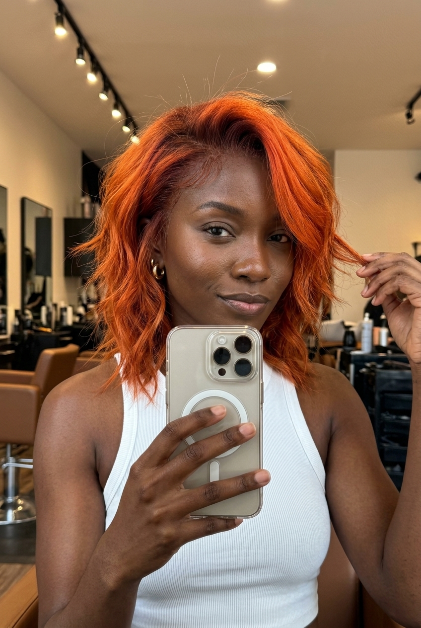 medium wolf cut electric copper auburn hair with blurred roots, balayage — edgy summer look