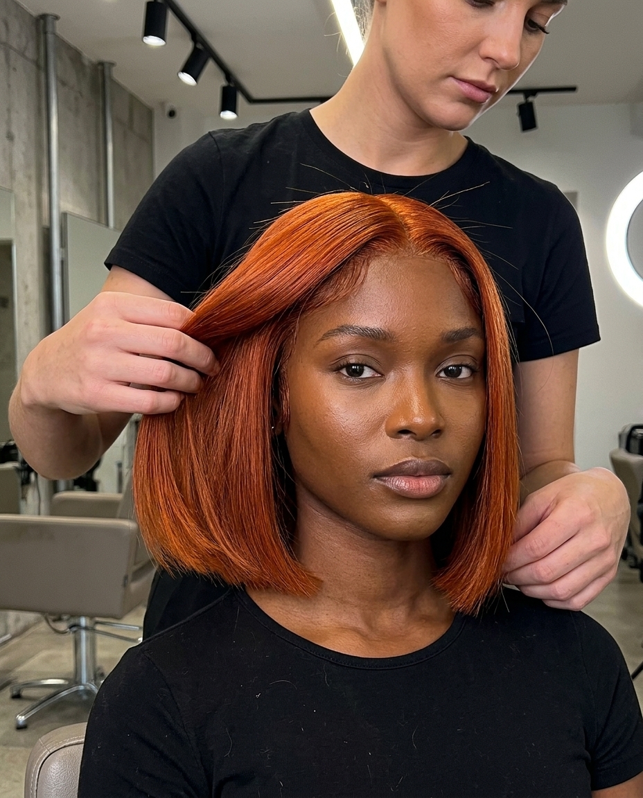 short electric copper auburn bob with vibrant orange-red, uniform color, blunt perimeter — bold statement