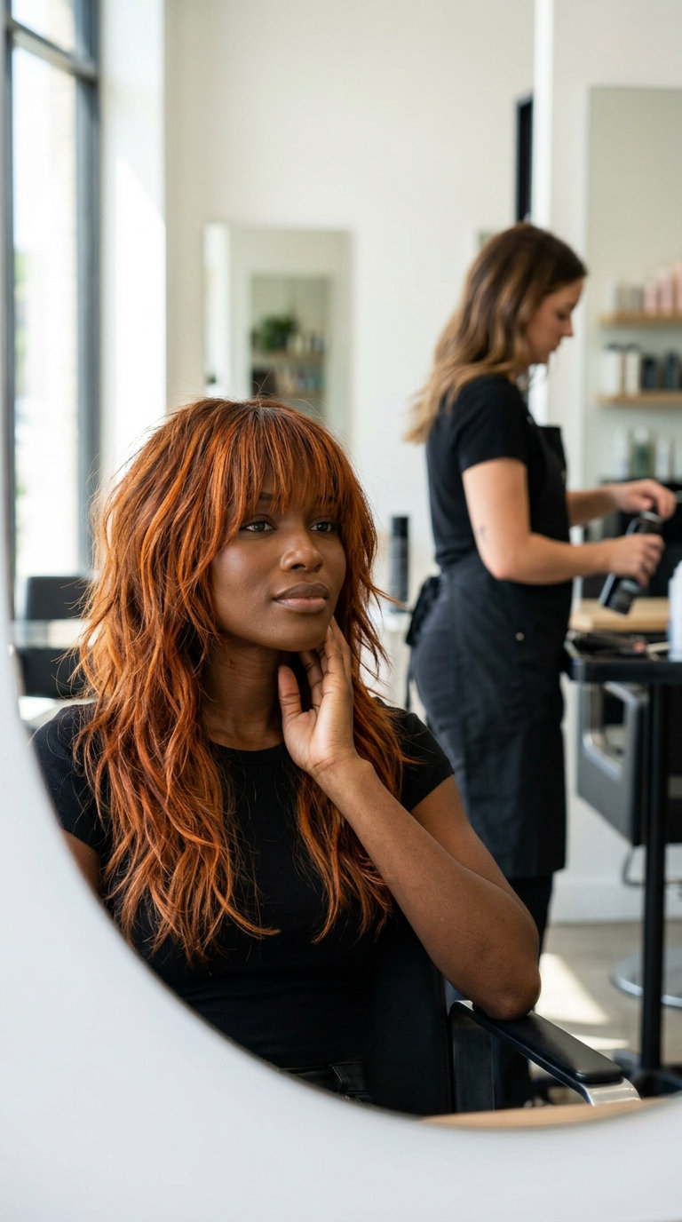 medium-long shag haircut with electric ginger copper balayage, choppy layers, and full fringe for music festival