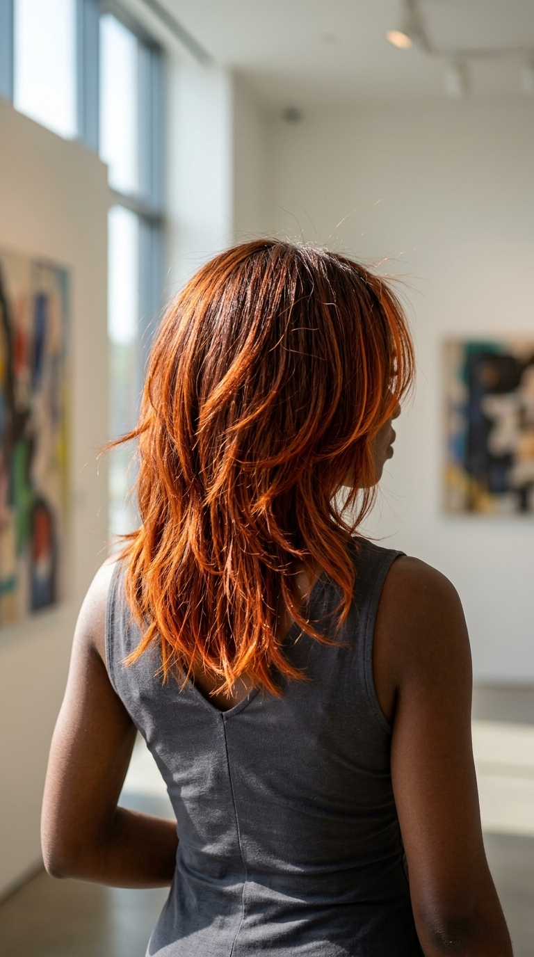 medium shag haircut with electric ginger balayage, choppy fringe, and razored ends for festival