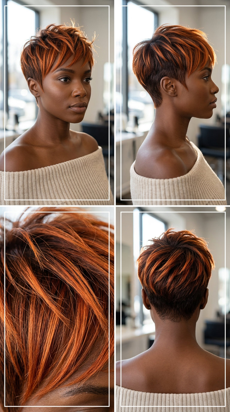 short pixie haircut with electric ginger balayage, bold copper streaks, and razored texture for festival