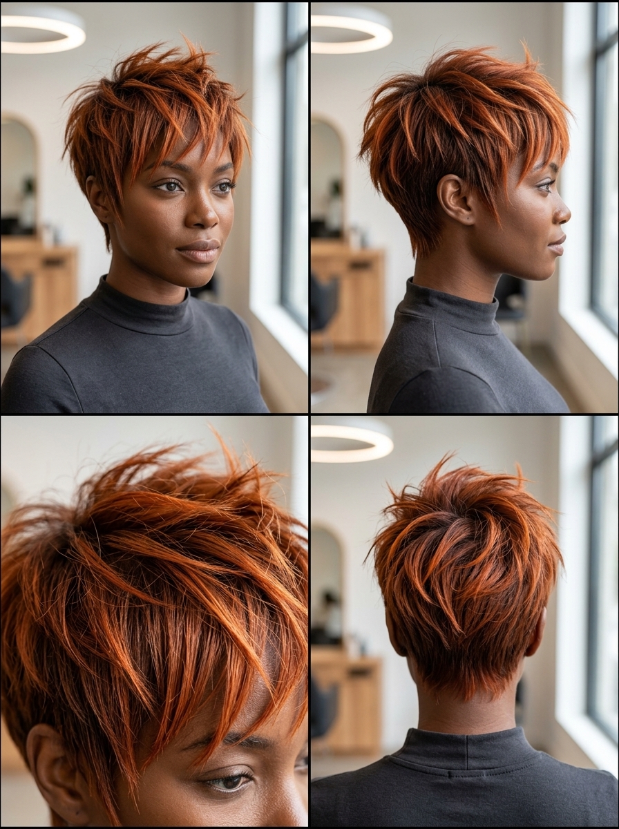 short electric ginger pixie haircut with shattered fringe for summer