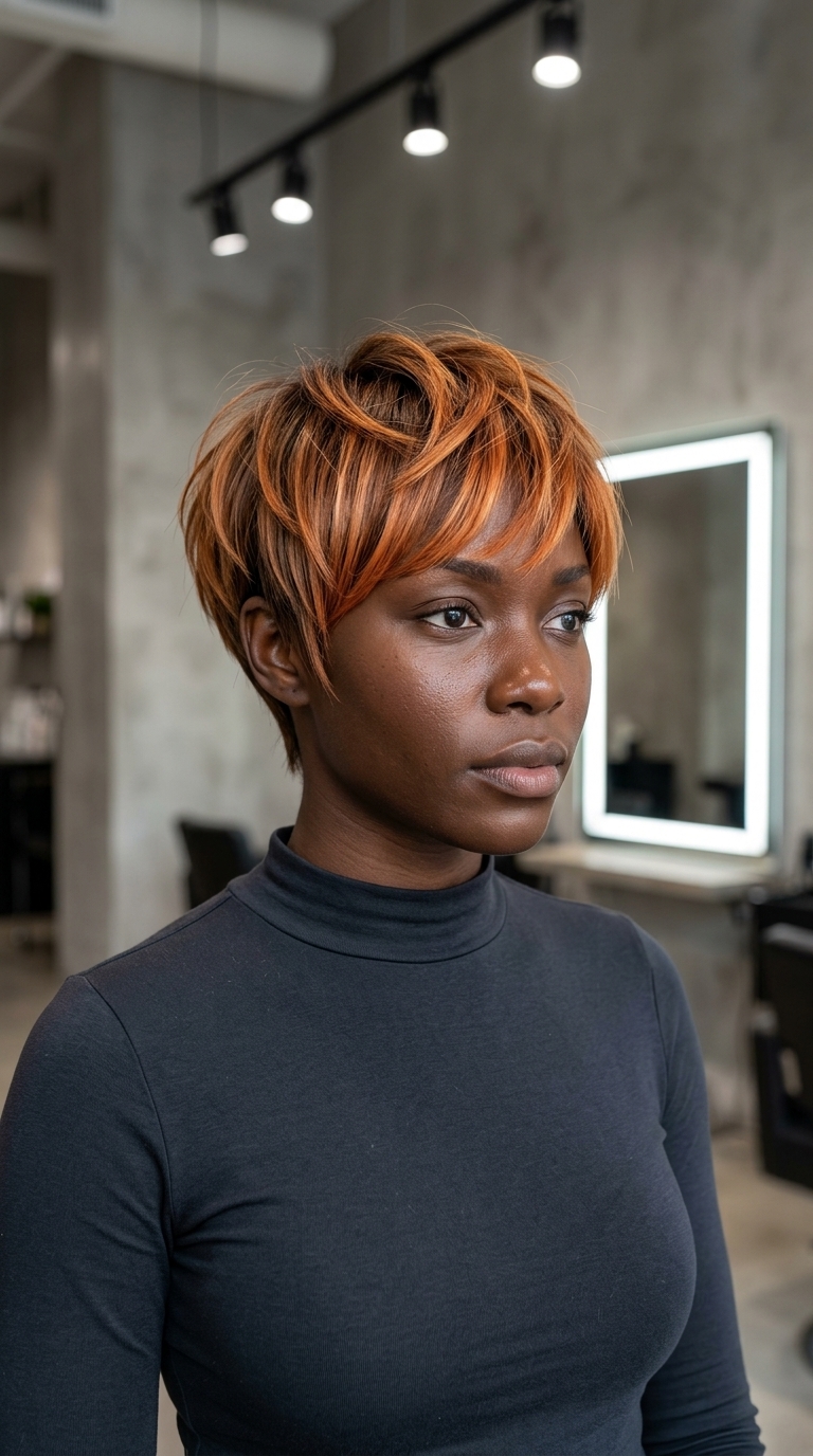 short electric ginger pixie haircut with balayage and razored perimeter for summer