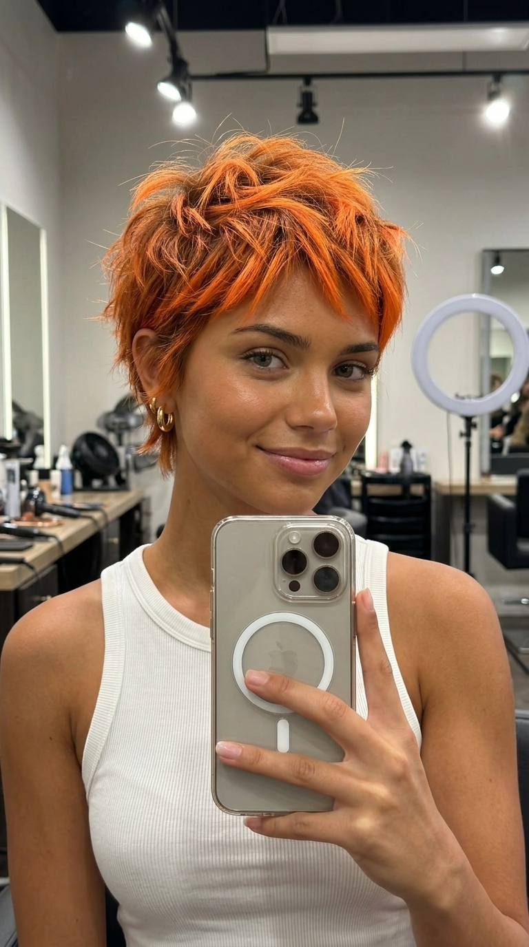 very short razored crop cut with electric ginger balayage, neon orange accents, and disconnected layers for bold style