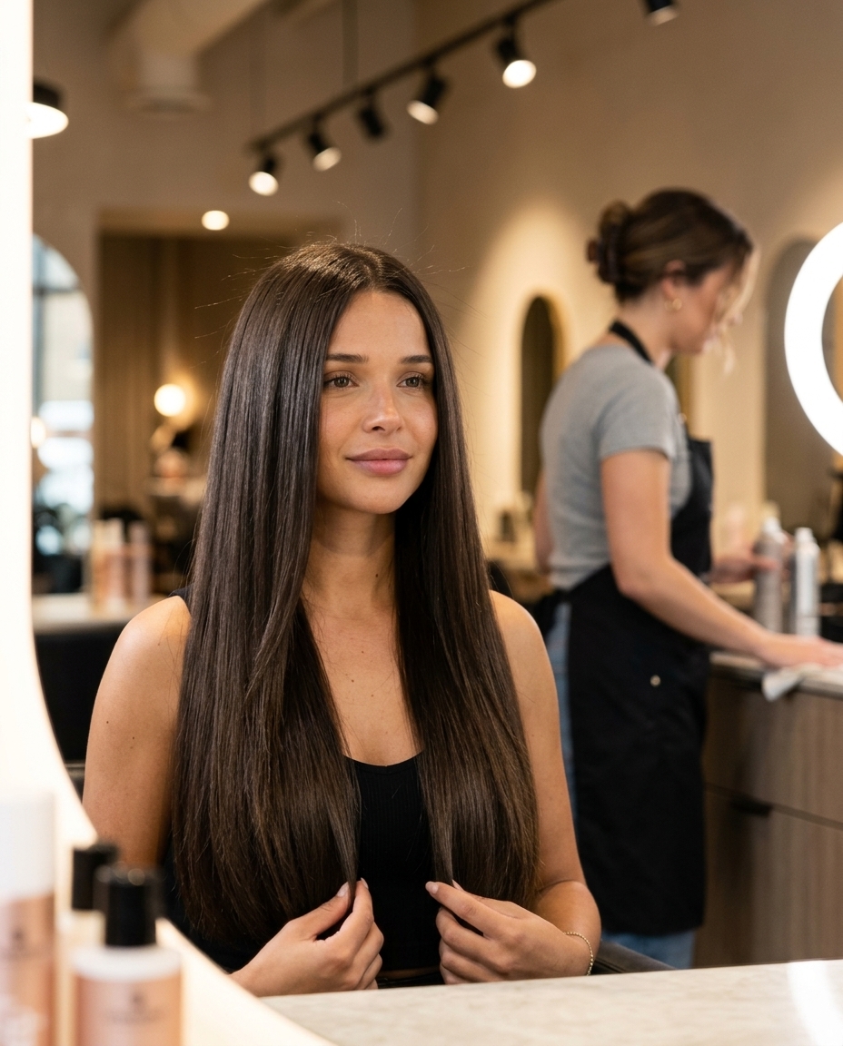 extra-long blunt cut with espresso bean color, no layers, no bangs — luxurious formal event