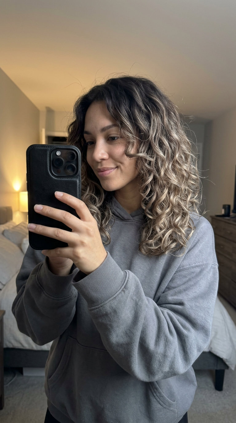 medium curly espresso to beige ombre with ash ribbons for daily wear