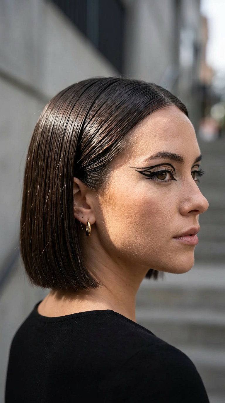 short espresso black slicked-back bob with wet look for festival 2026