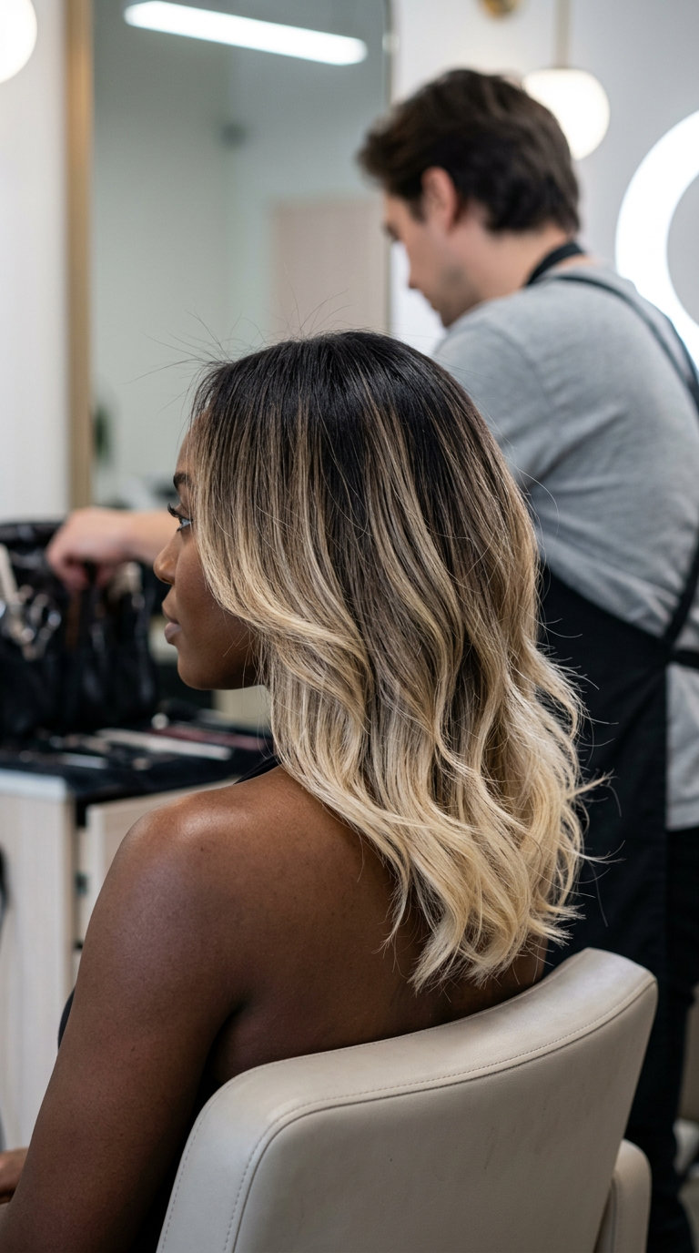 medium layered haircut espresso to bronde to blonde ombré, U-shape back — bold sultry