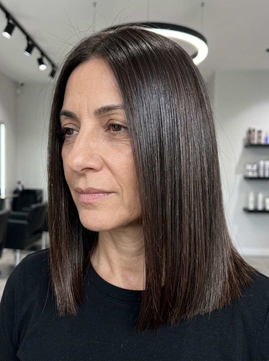 collarbone-length clavicut in espresso brown, blunt perimeter, deep side part — professional sleek