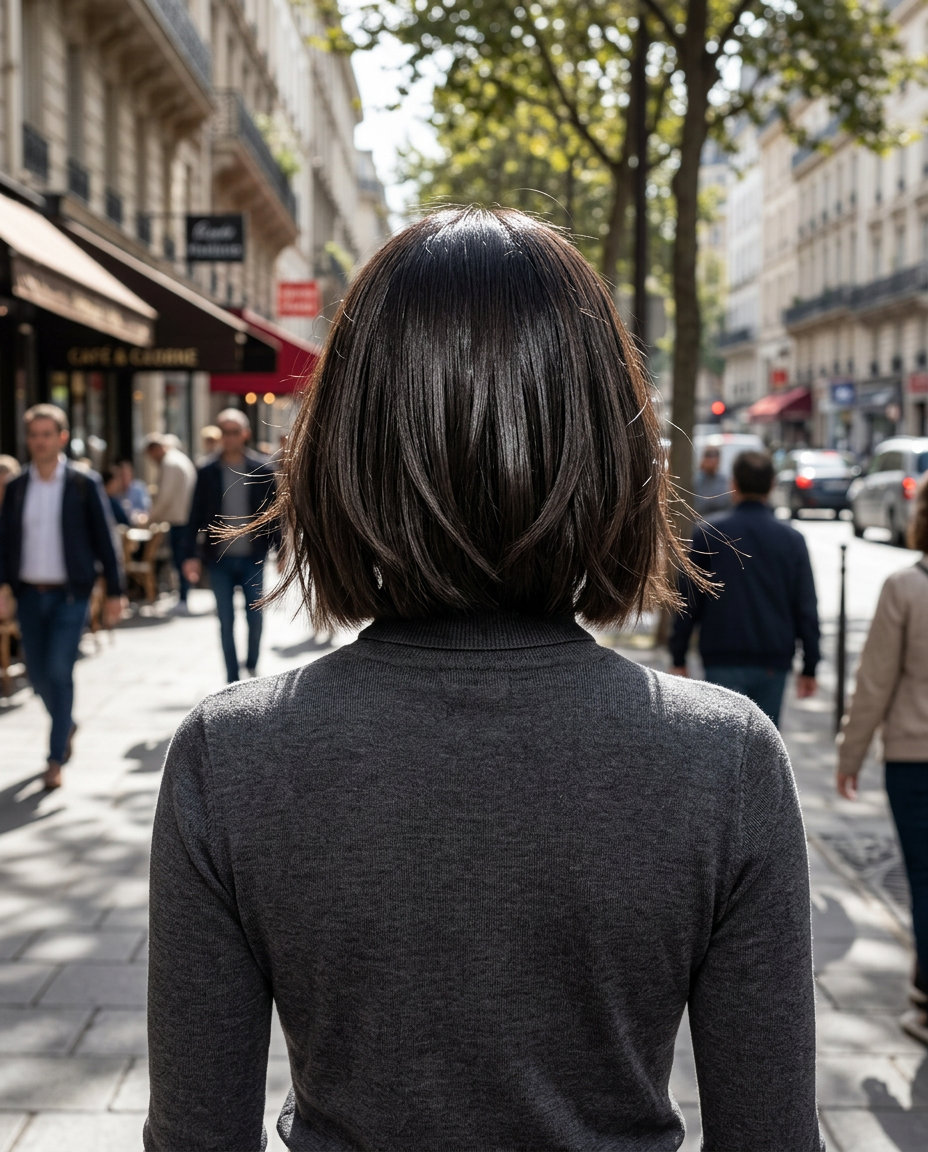 short espresso brown hair with high-gloss finish, razored crop cut, no fringe — edgy modern style