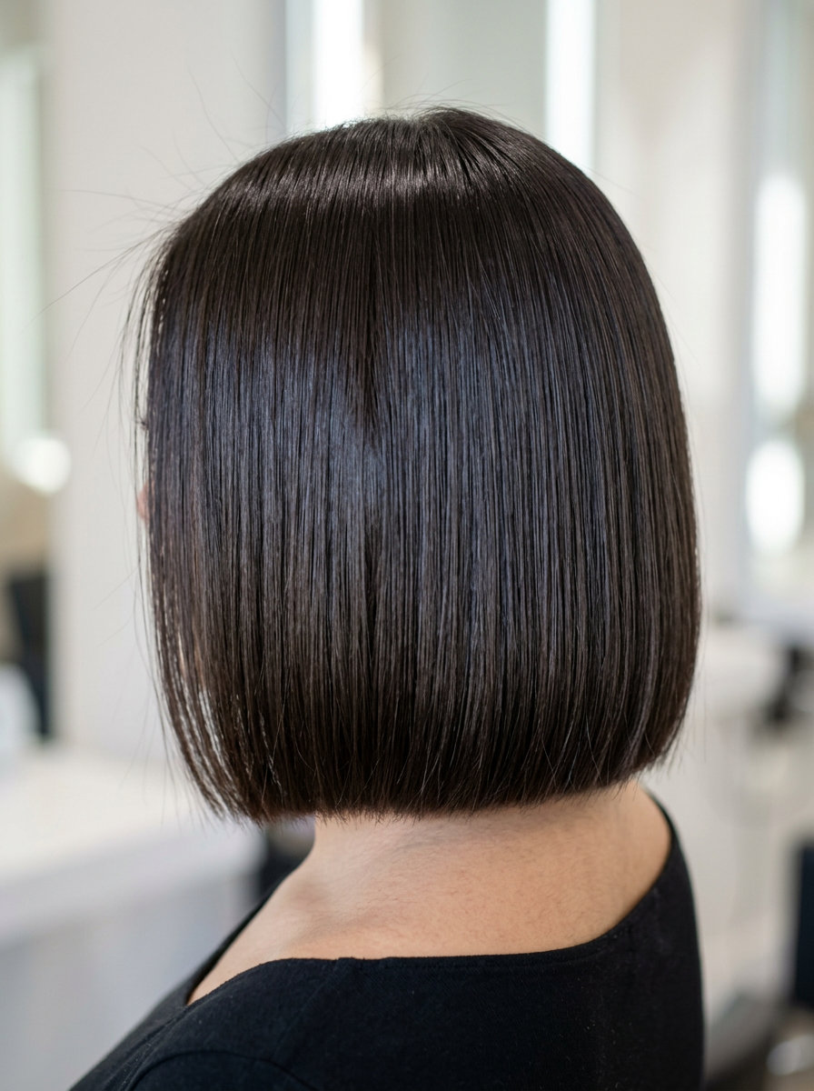 chin-length blunt bob haircut with espresso roast brunette, clear gloss, deep side part for date night