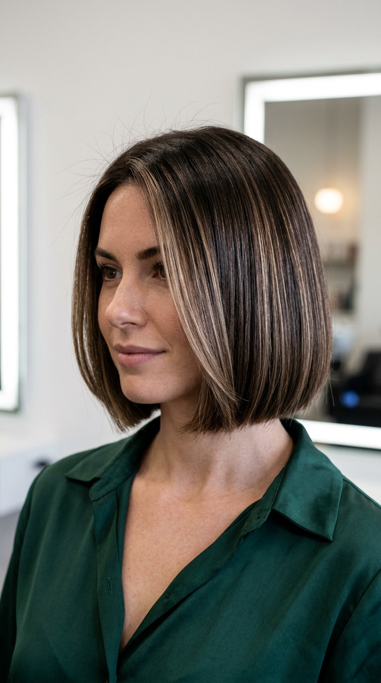 chin-length espresso brunette bob with champagne beige babylights and sharp blunt ends for summer 2026