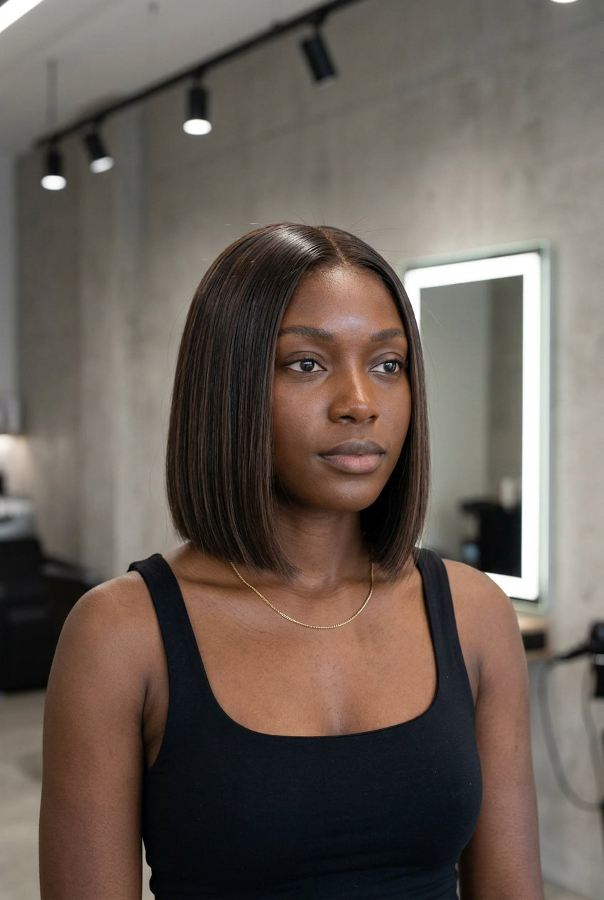 Espresso Bob: Rich Brunette 2026 chin-length bob espresso with mocha ribbons, precision cut, subtle side part β sophisticated sleek bob